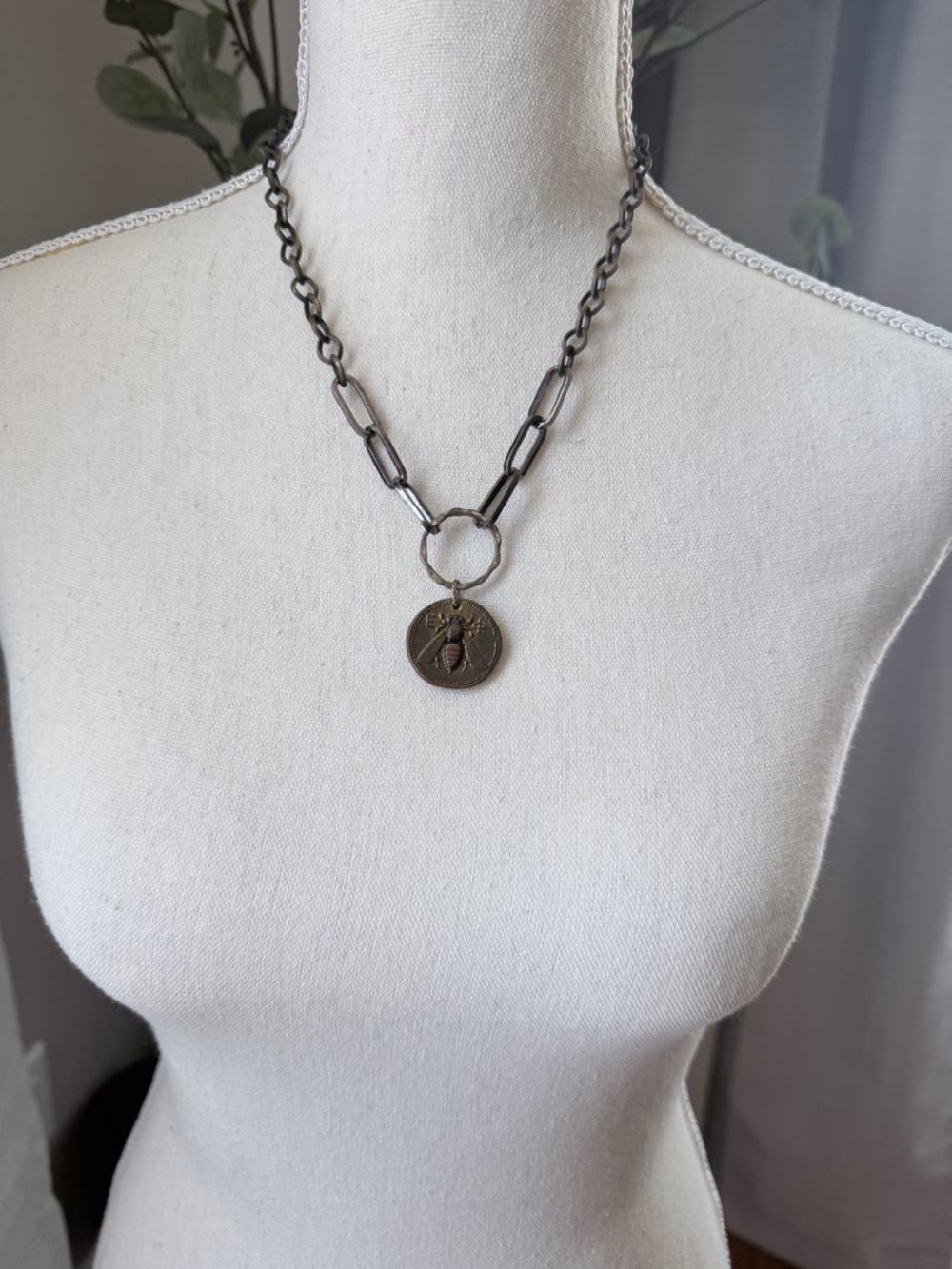 Antique Bronze Reversible Bee or Deer Pendant Chain Necklace - Women Jewelry